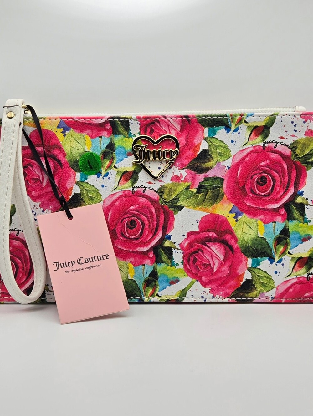 Juicy Couture NWT Large White Wristlet Clutch with Pink Rose Print